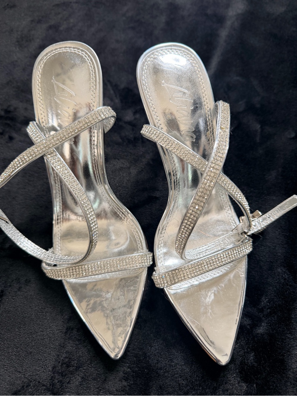 Liliana Silver Rhinestone Strappy Around the Ankle Pointed-Toe Heels